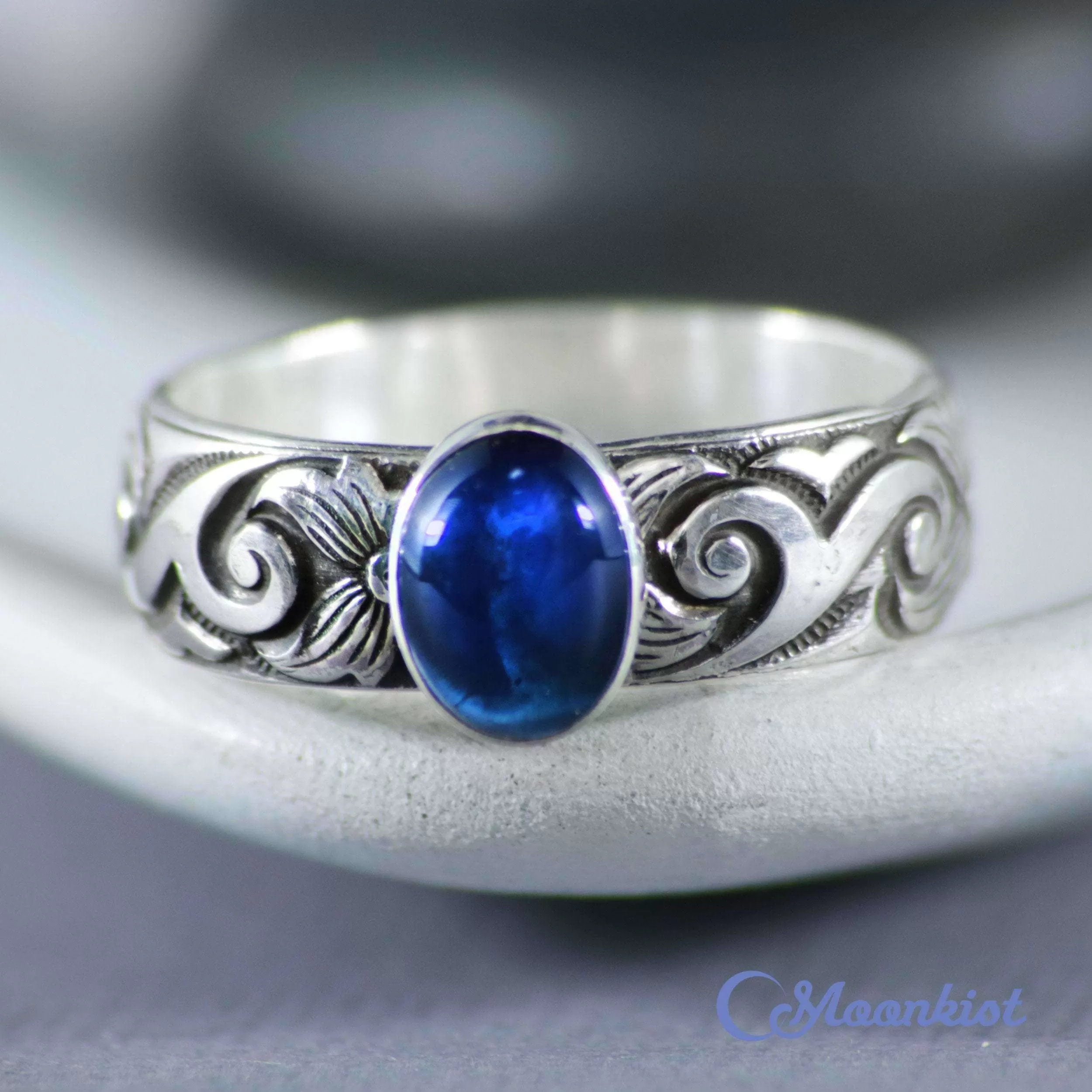 Antique Style Oval Blue Sapphire Scroll Promise Ring 925 Sterling Silver | Moonkist Designs