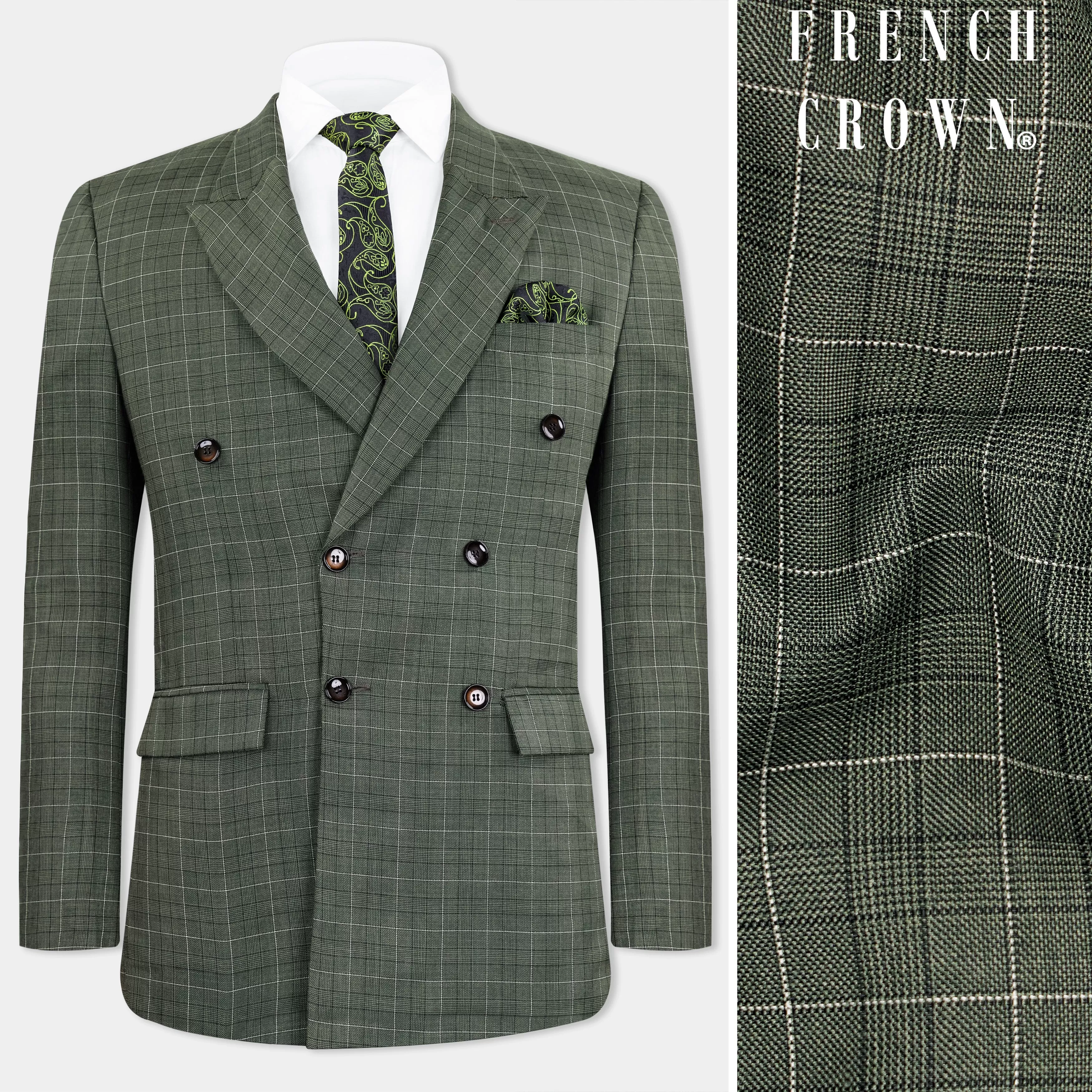 Artichoke Green Checkered Wool Rich Double Breasted Blazer