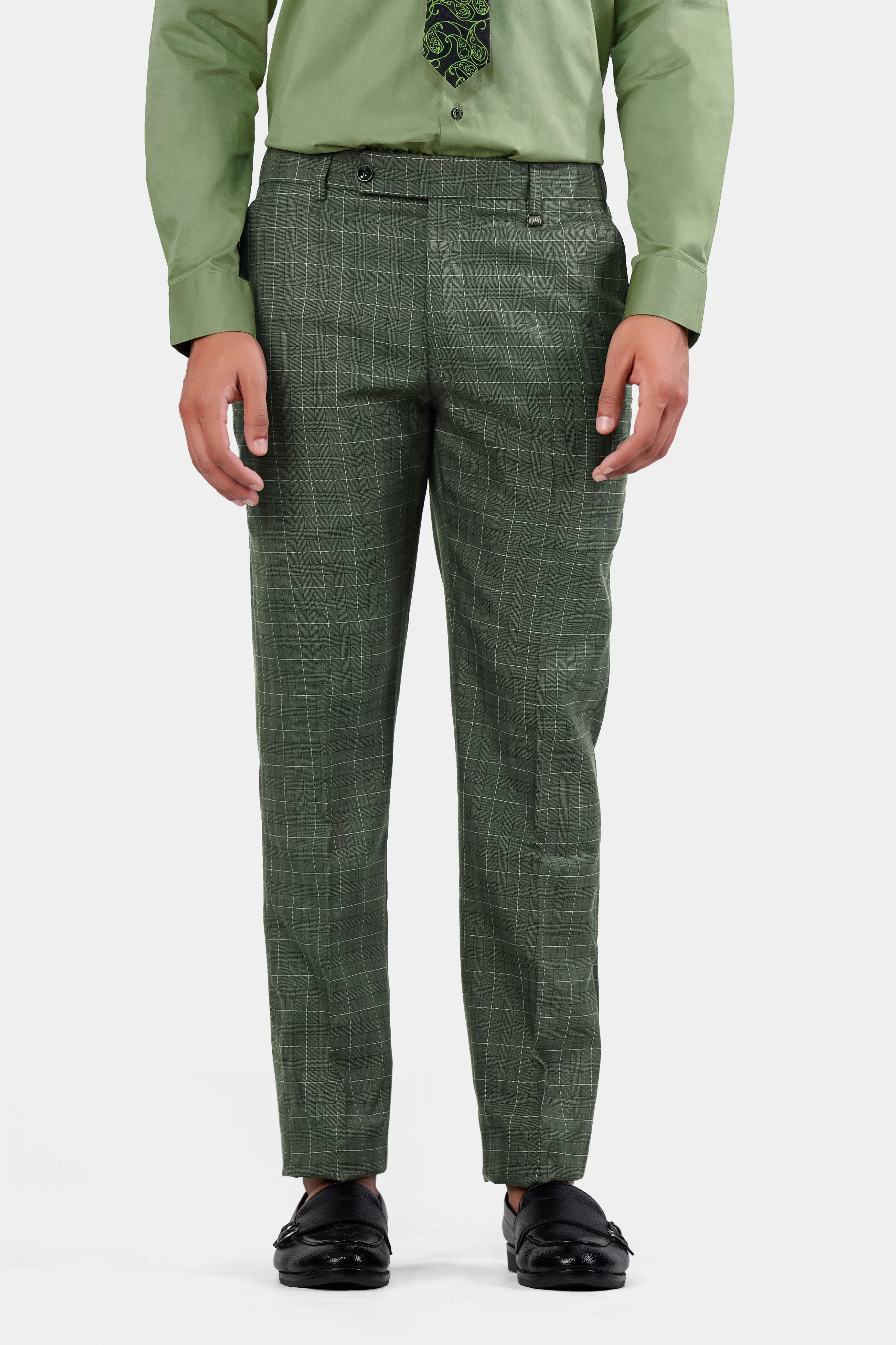 Artichoke Green Checkered Wool Rich Double Breasted Suit