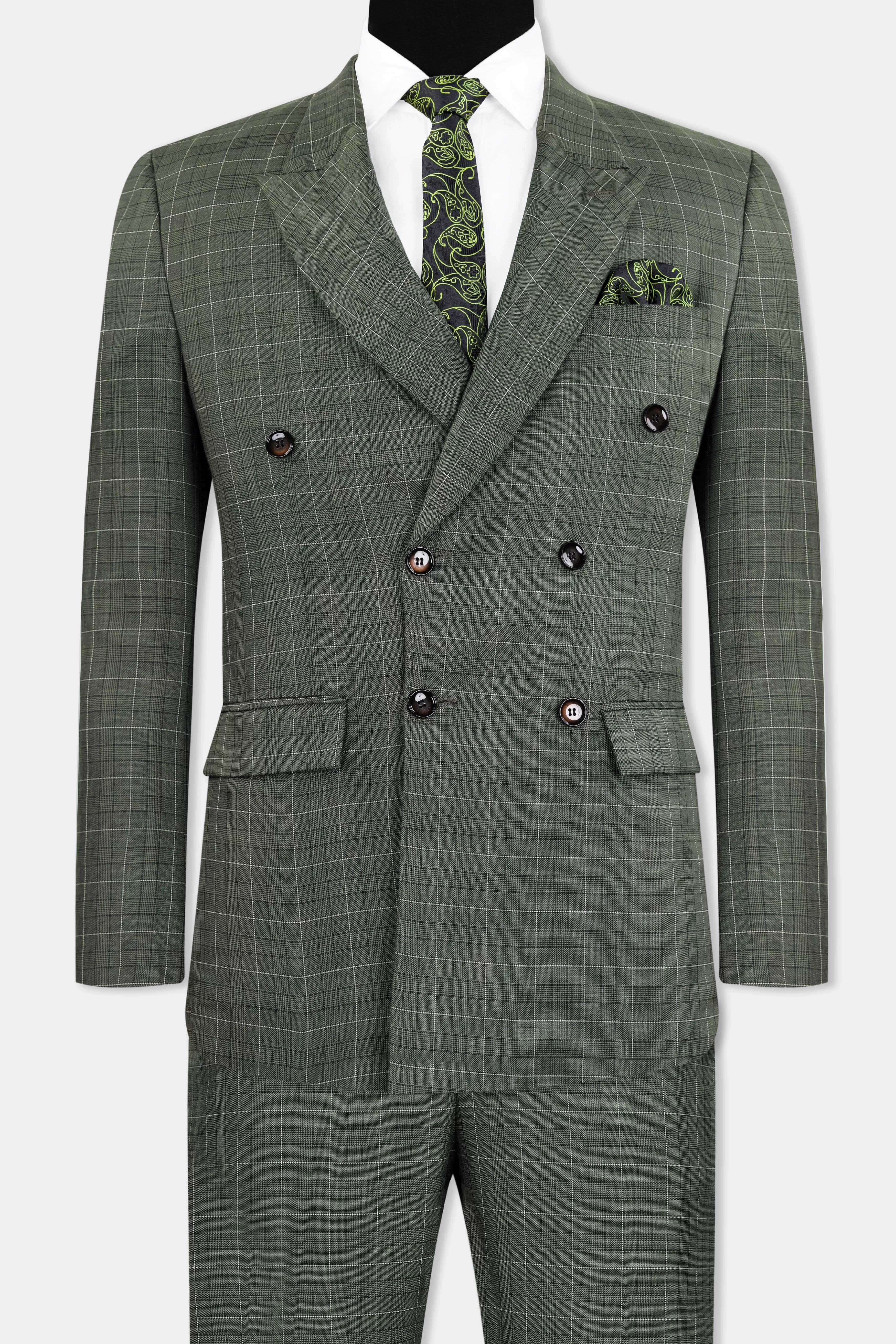 Artichoke Green Checkered Wool Rich Double Breasted Suit