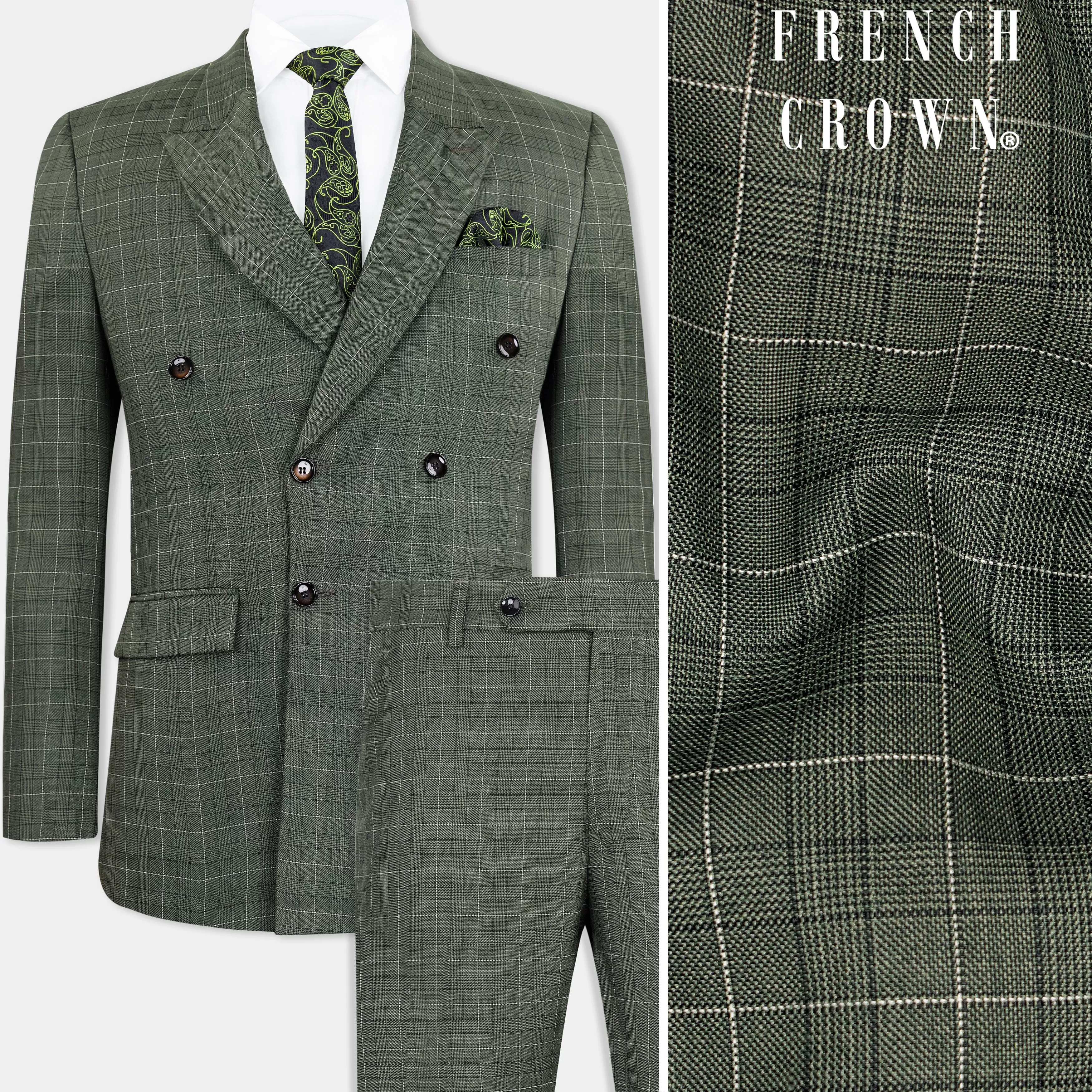 Artichoke Green Checkered Wool Rich Double Breasted Suit