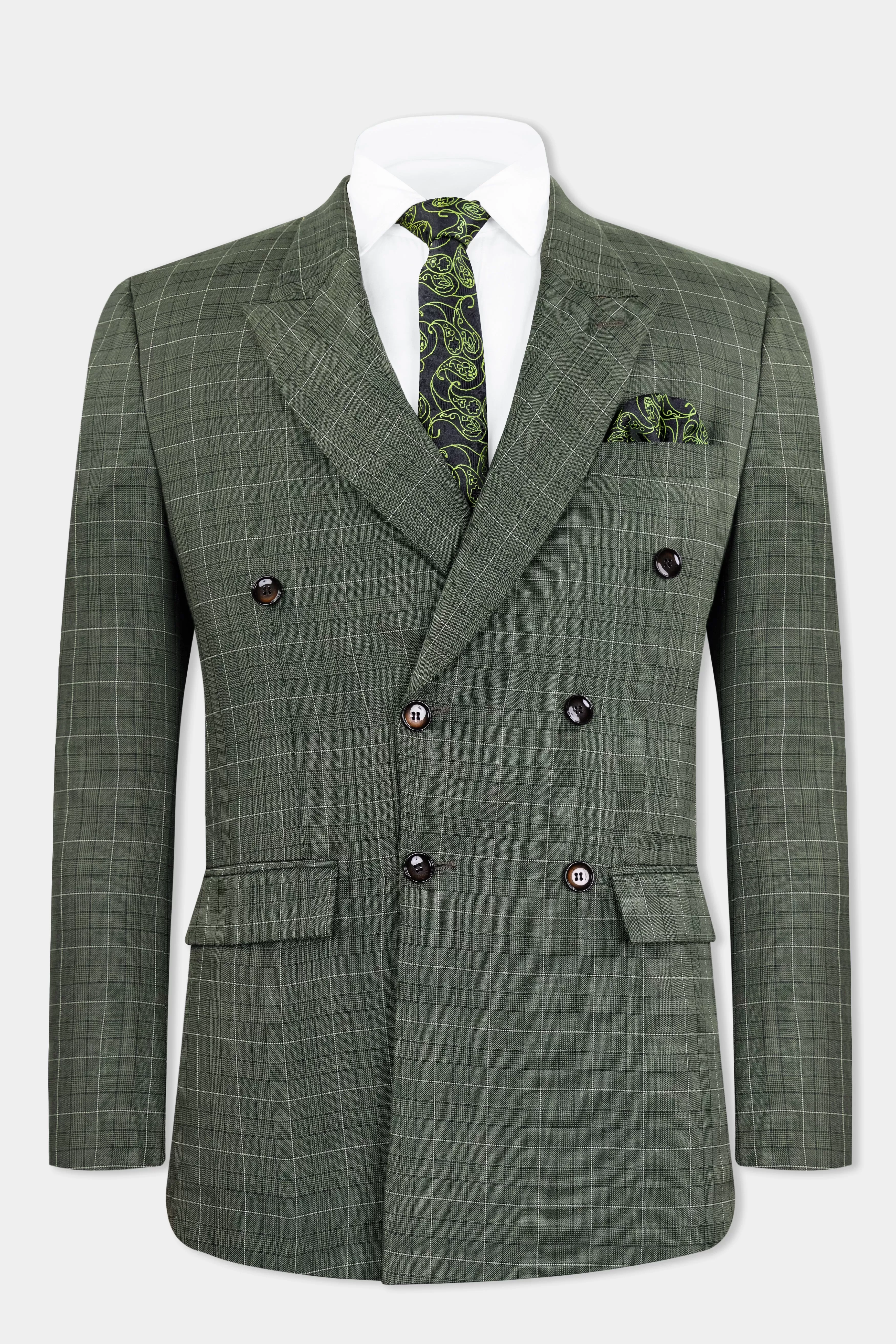 Artichoke Green Checkered Wool Rich Double Breasted Suit