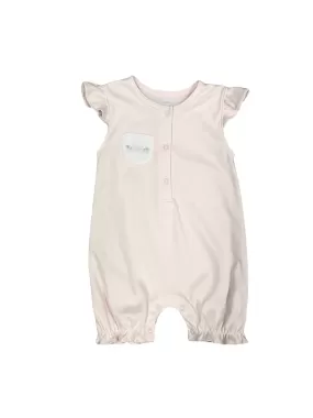 Auraluz Pink Knit Shortall with Tiny Bow Embroidery on Pocket