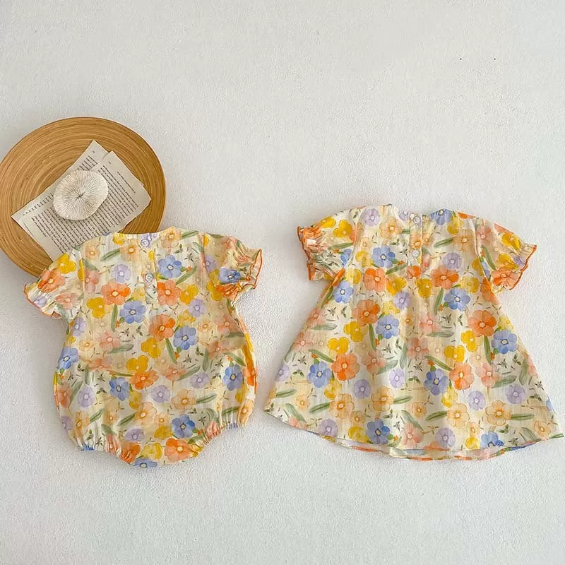 Baby Girls Flower Bow Print Rompers Dresses