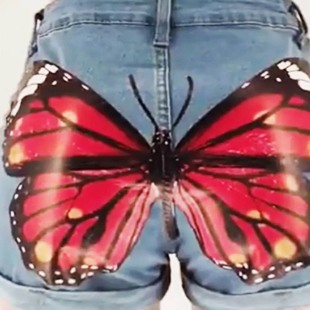 Back Butterfly Printed Jean Shorts