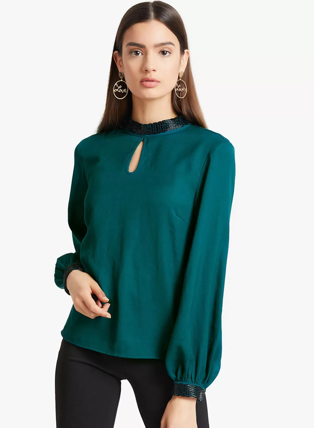 Baloon Sleeve Embellished Neck Top