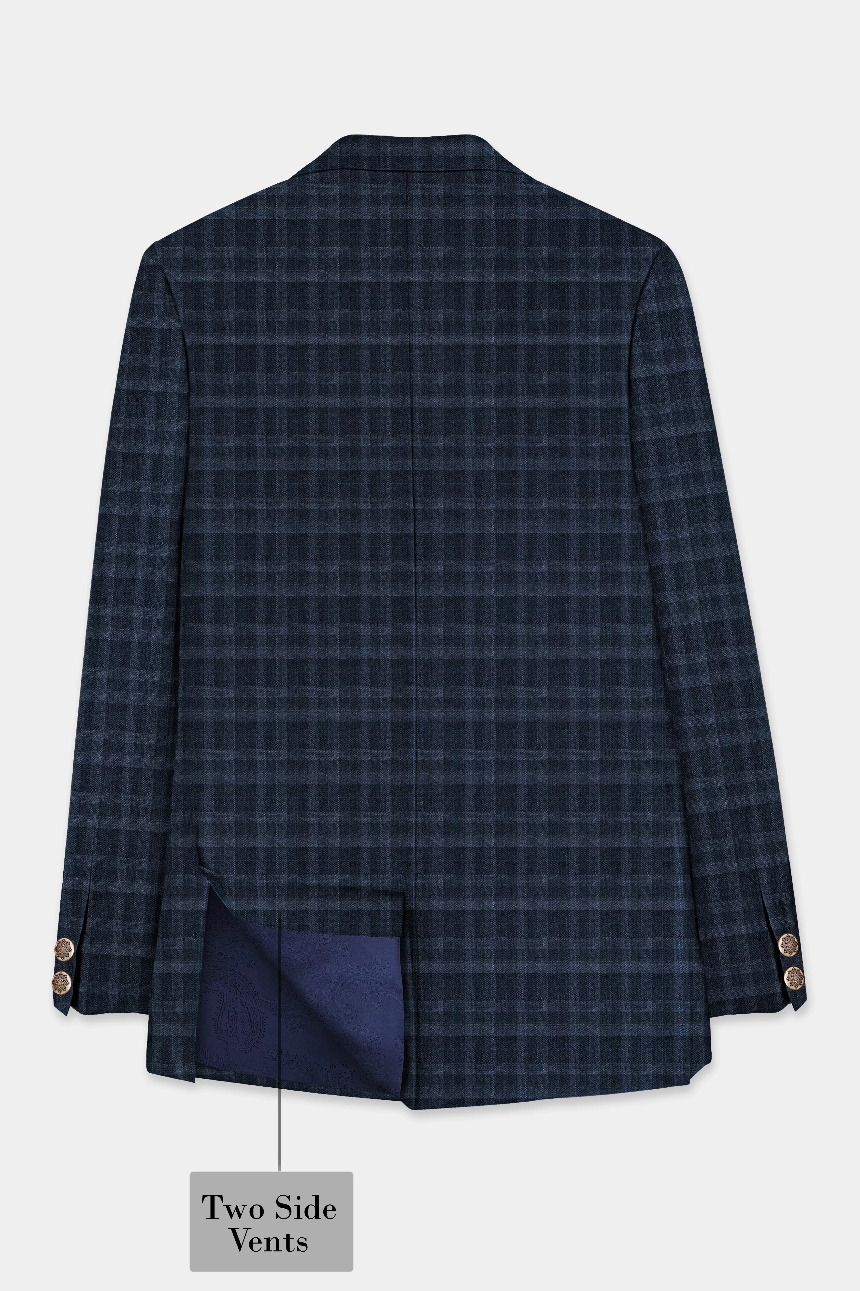 Baltic Blue Plaid Wool Rich Cross Placket Bandhgala Blazer