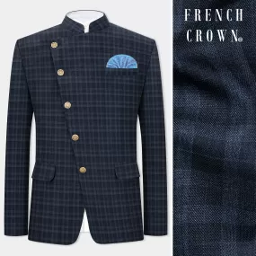 Baltic Blue Plaid Wool Rich Cross Placket Bandhgala Blazer