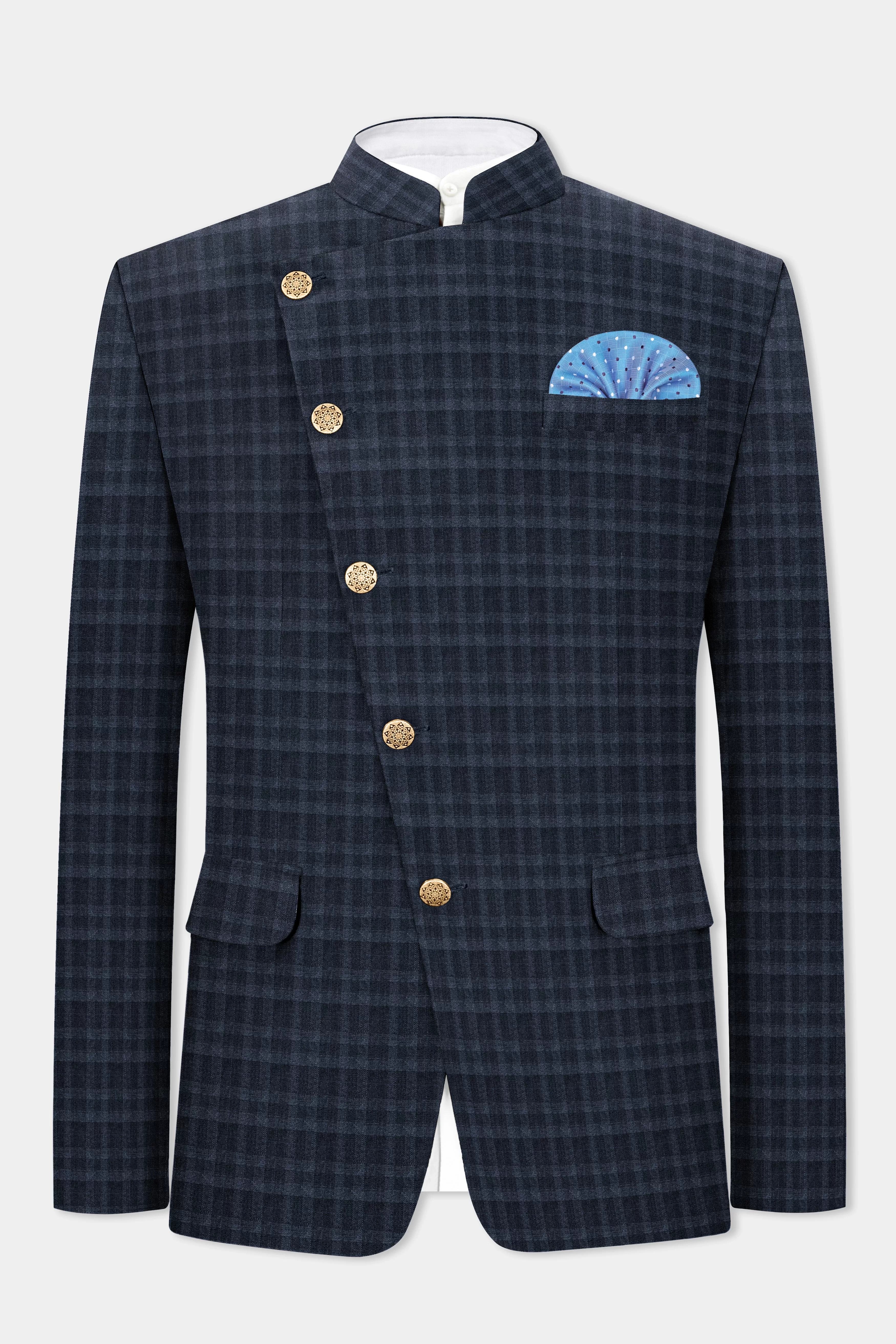 Baltic Blue Plaid Wool Rich Cross Placket Bandhgala Suit