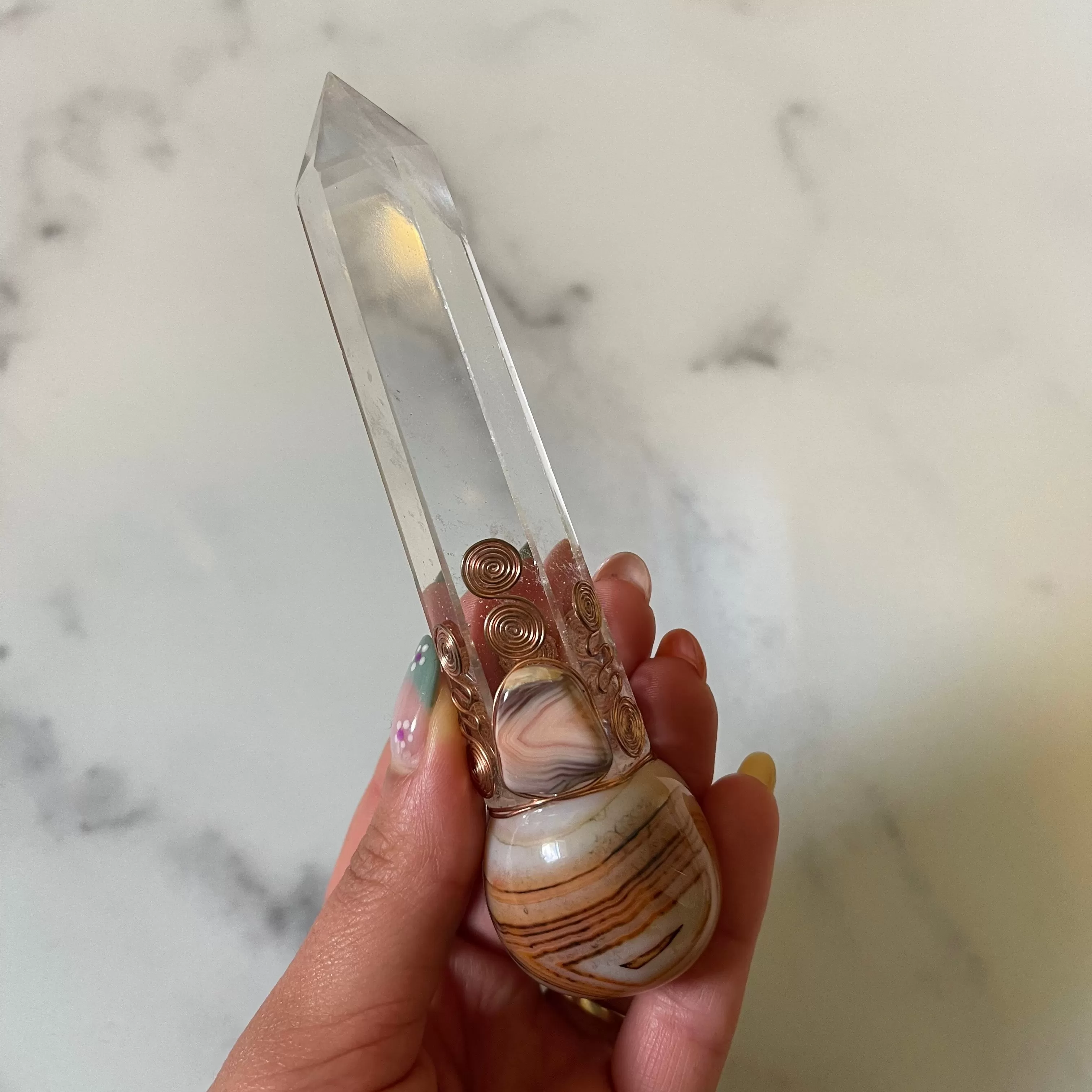 Banded Agate with Clear Quartz Crystal Wand