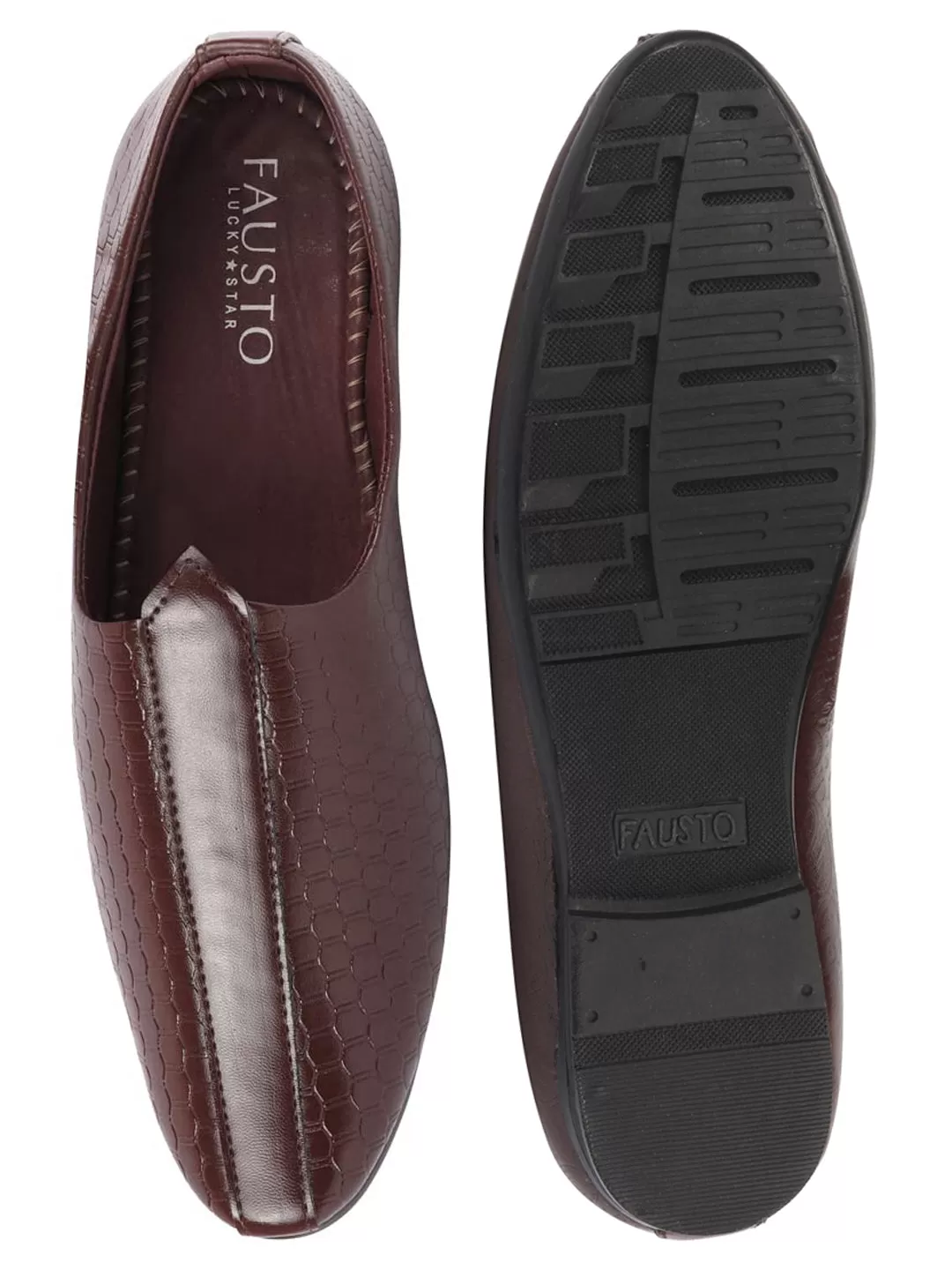 Basics Men Brown Embossed Design Ethnic Slip On Juttis and Mojaris