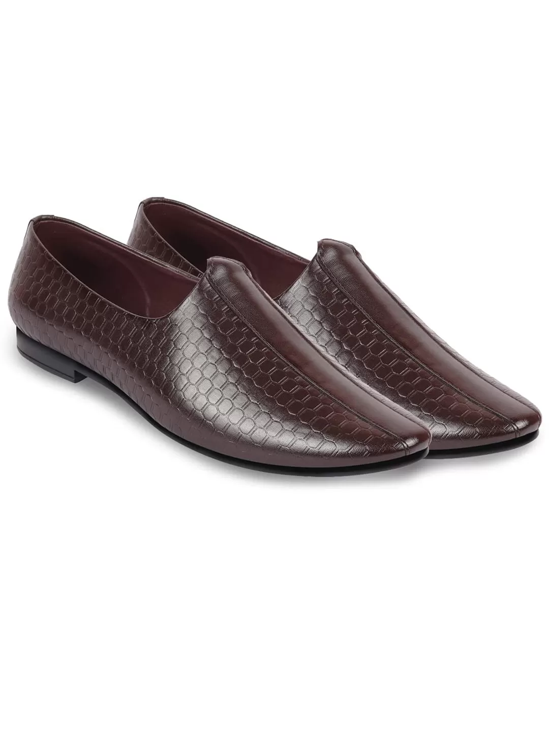 Basics Men Brown Embossed Design Ethnic Slip On Juttis and Mojaris