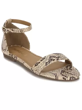 Beige Snake PU Buckled Flat Sandals