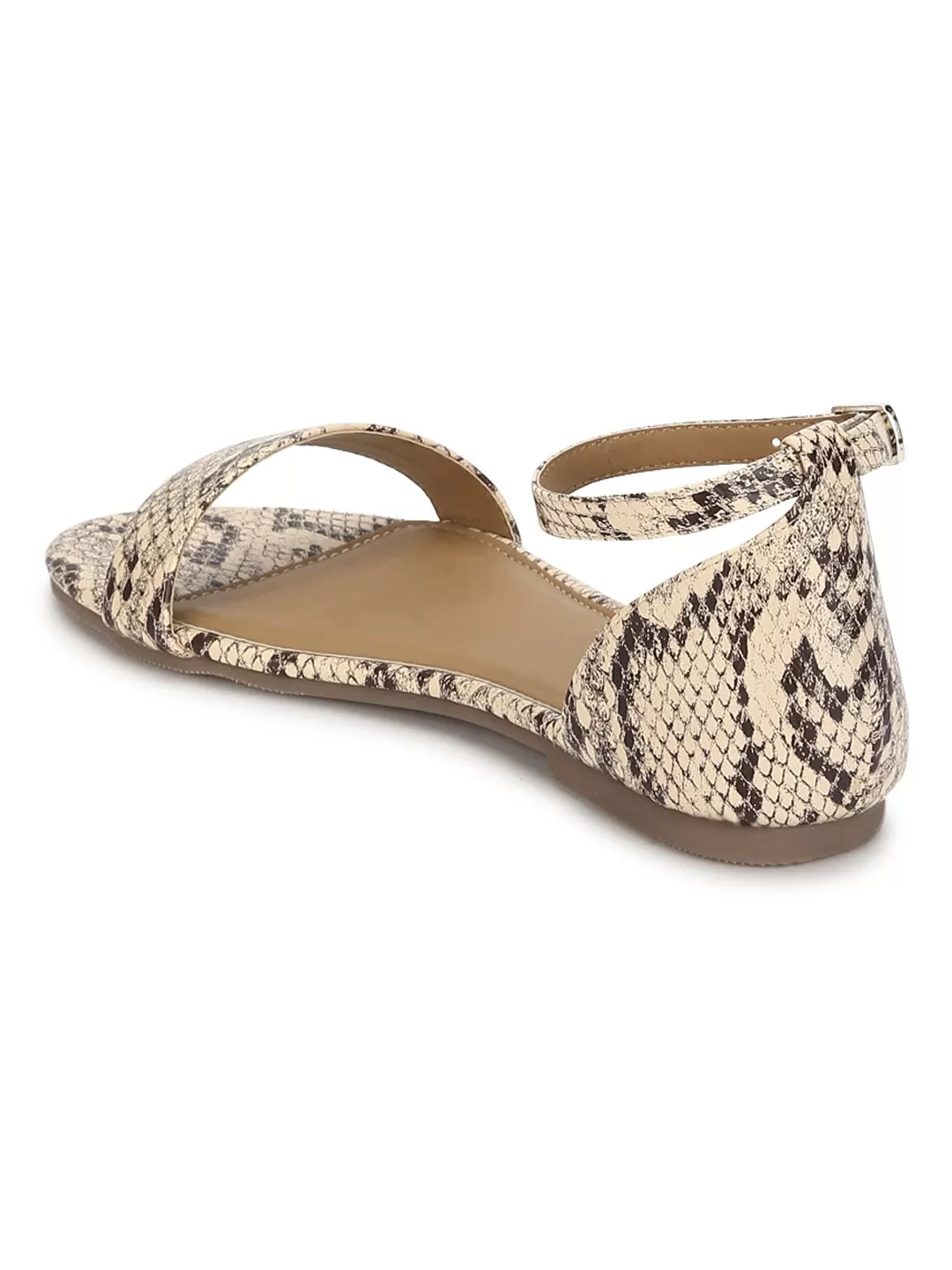 Beige Snake PU Buckled Flat Sandals