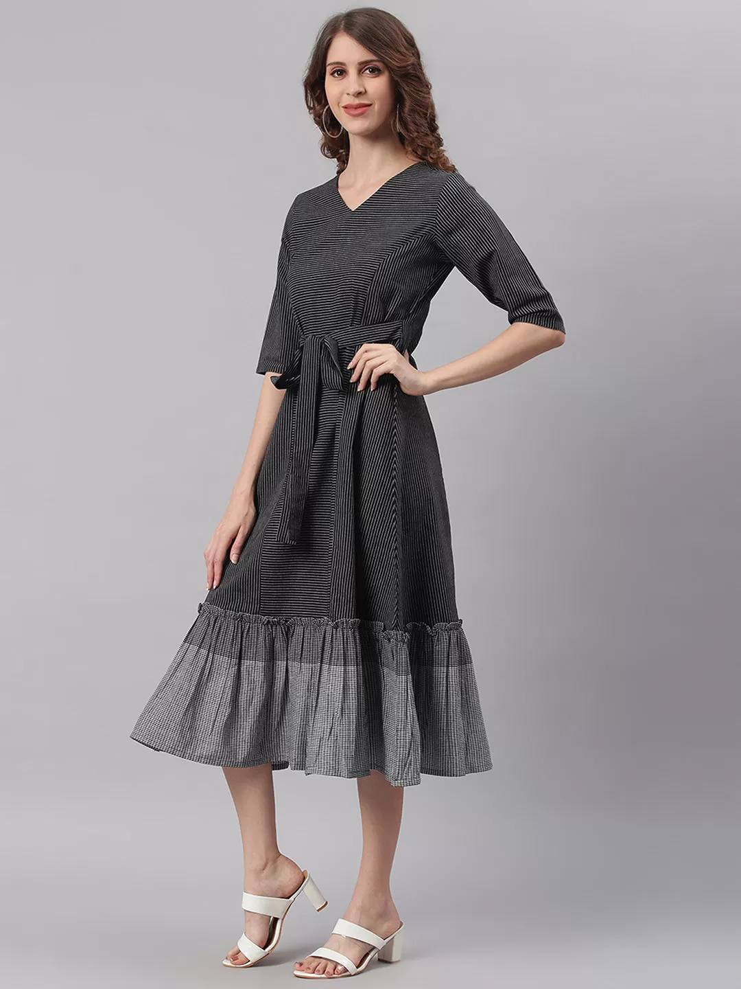 Black Cotton Striped Flared Western Dress