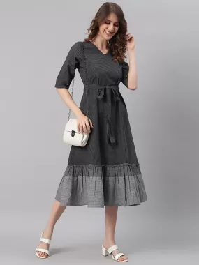 Black Cotton Striped Flared Western Dress