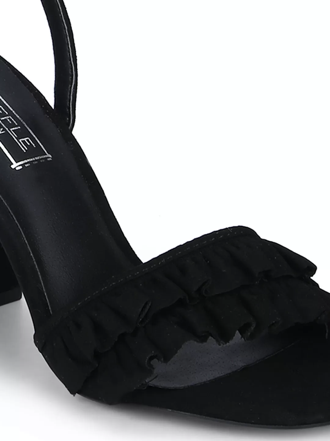 Black Frilled Ankle Strap Block Heels