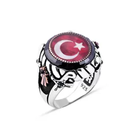 Black Onyx Stone Rim Around Enameled Turkish Flag Circle Silver Men's Ring Siding Double Sword and Ribbon