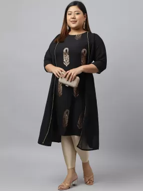 Black Poly Crepe Foil Printed A-line Kurta