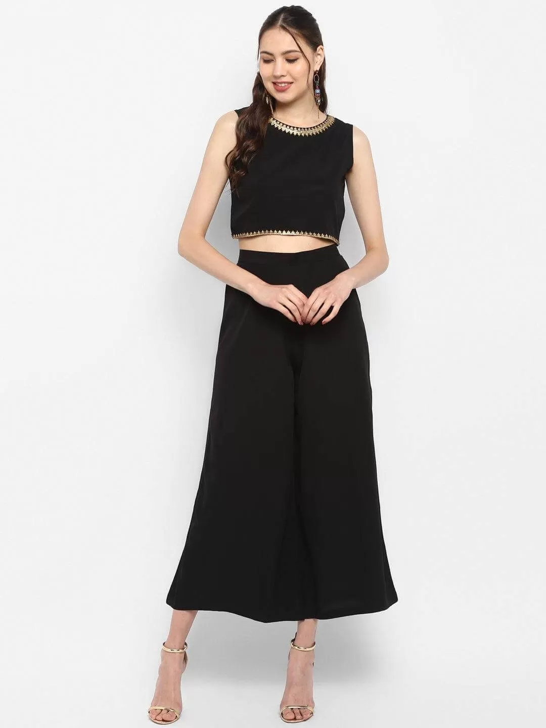 Black Poly Crepe Gold Print Co ord Set