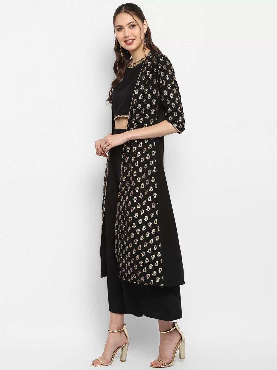 Black Poly Crepe Gold Print Co ord Set