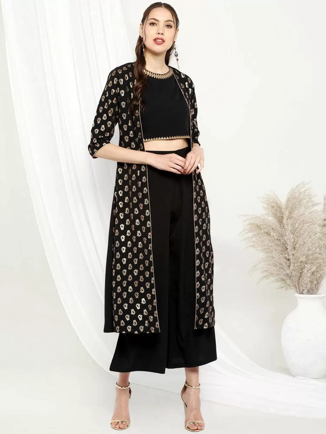 Black Poly Crepe Gold Print Co ord Set