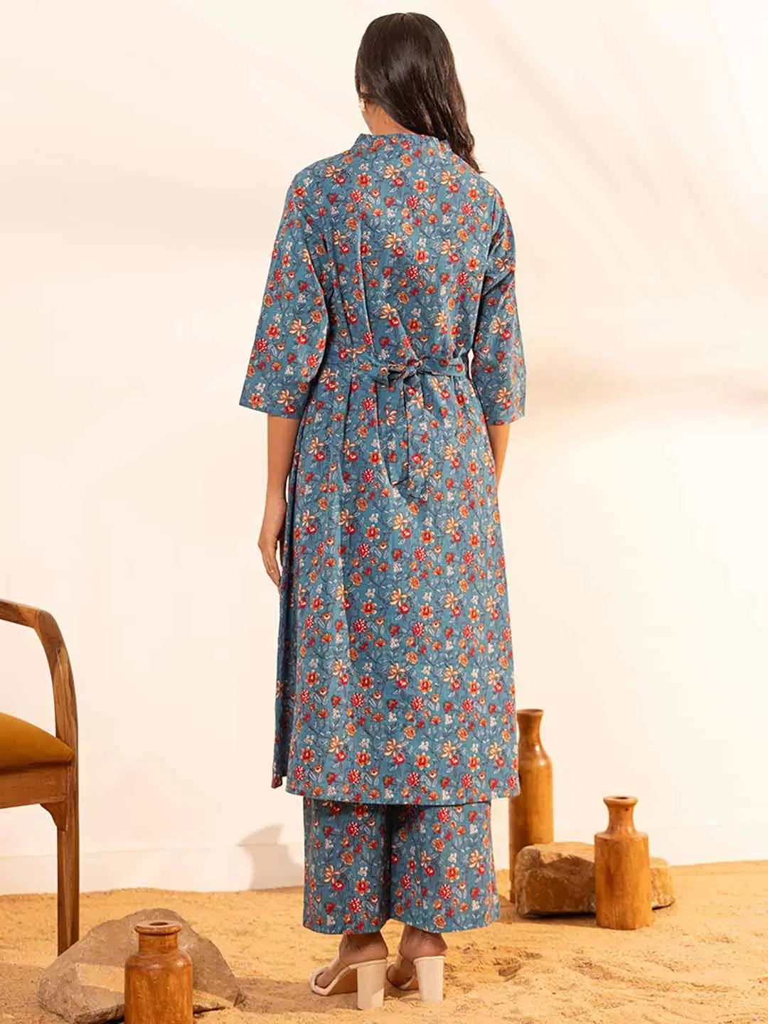 Blue Cotton Floral A-Line Maternity Kurta Set