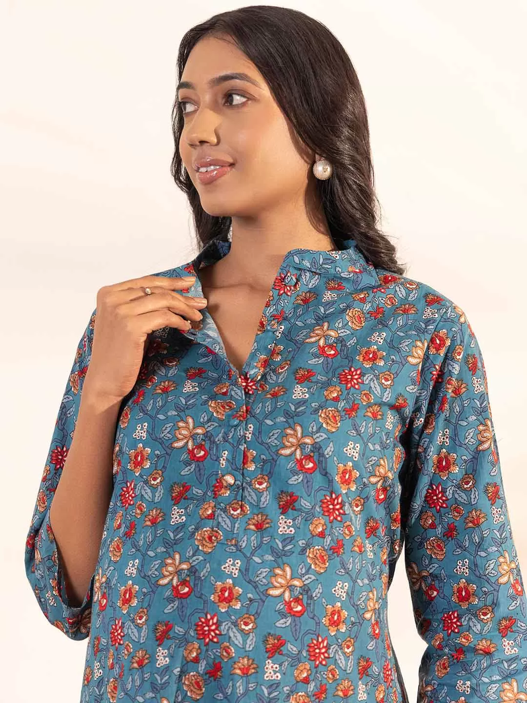 Blue Cotton Floral A-Line Maternity Kurta Set