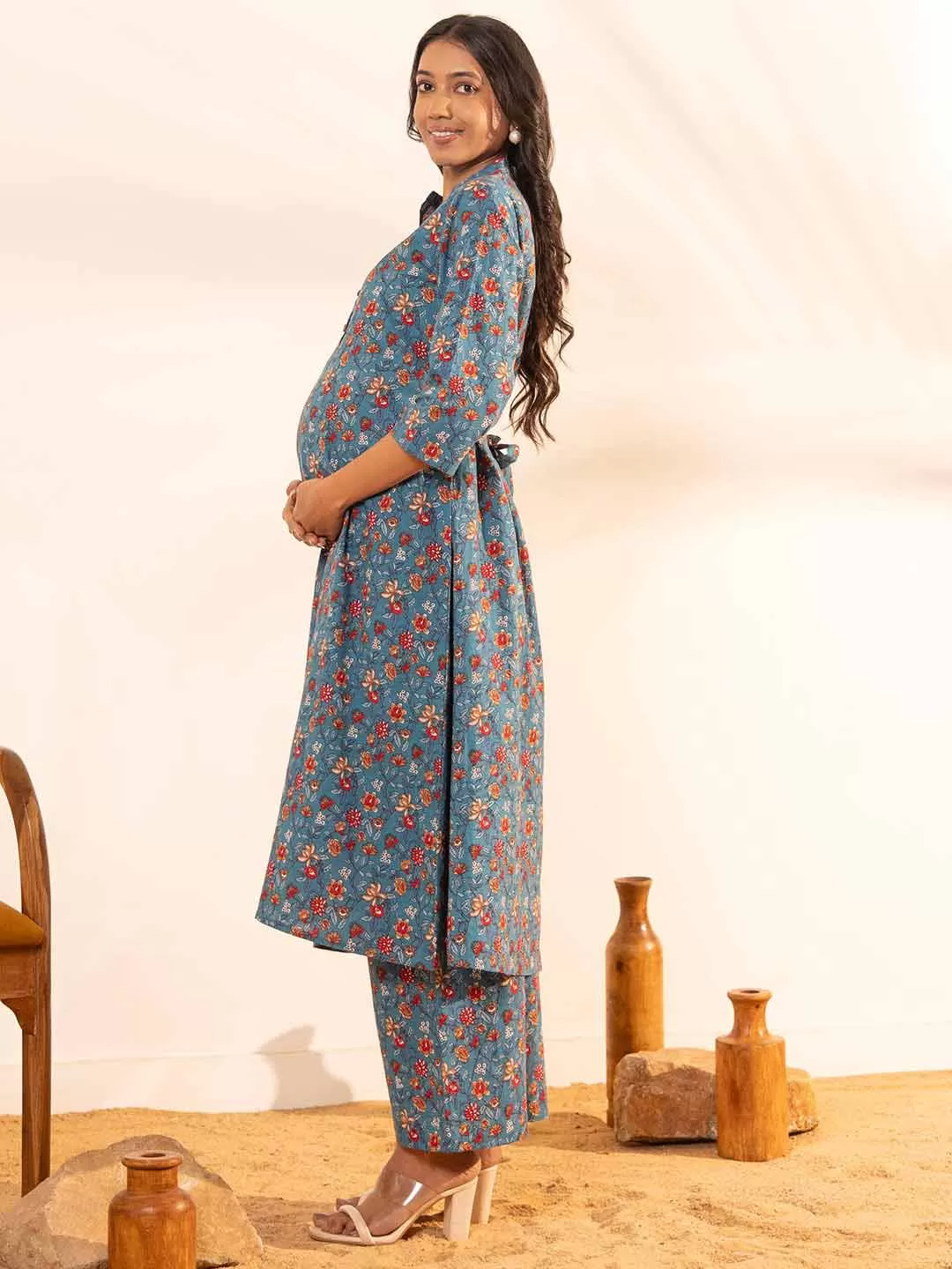 Blue Cotton Floral A-Line Maternity Kurta Set