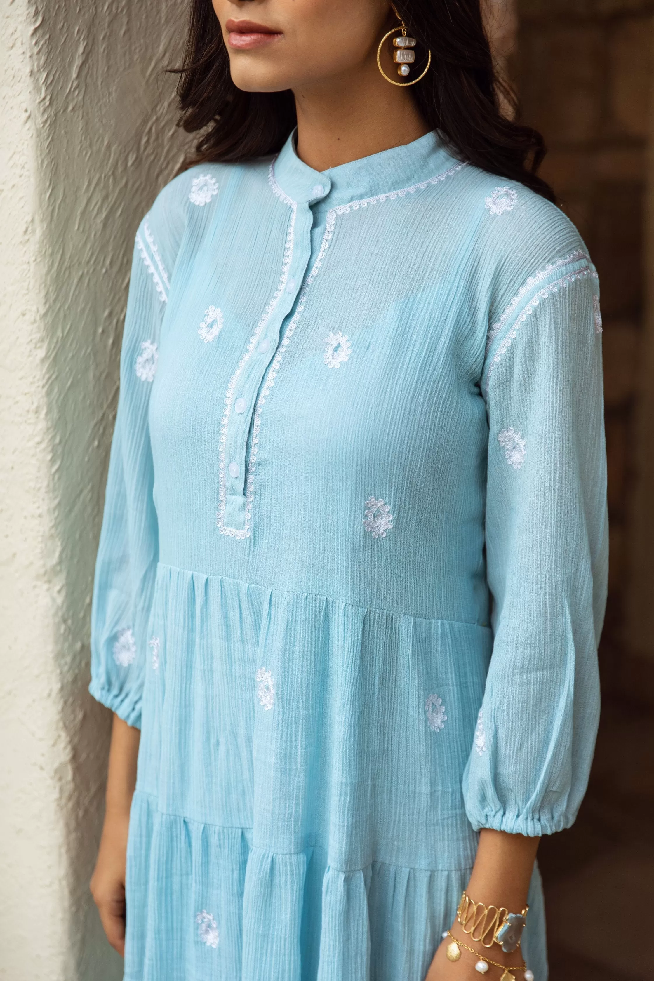 Blue cotton gauze embroidered dress