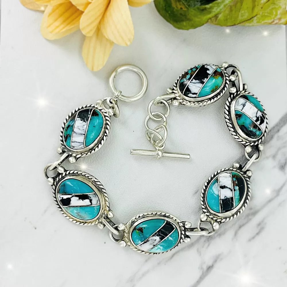 Blue Moon turquoise & White Buffalo Oval Link Bracelet {Satin finish}