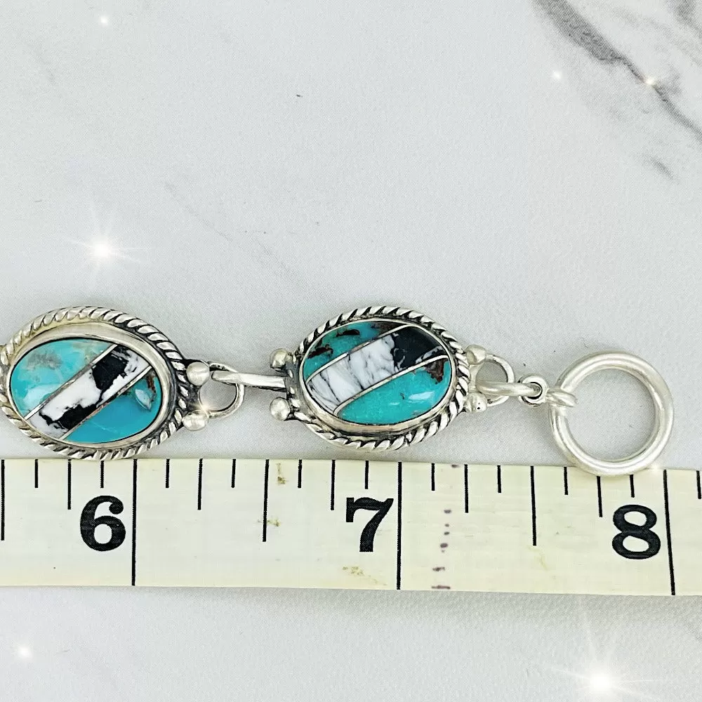 Blue Moon turquoise & White Buffalo Oval Link Bracelet {Satin finish}