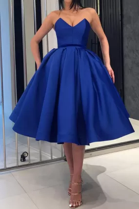 Blue satin short prom dress, blue formal dress