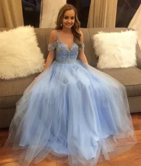 Blue tulle off shoulder long prom dress, blue evening dress