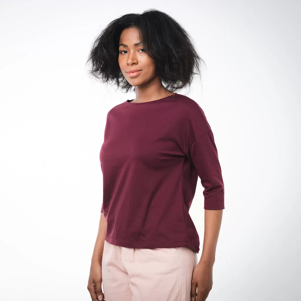 Boat Neck 3/4 Sleeve Top | Burgundy