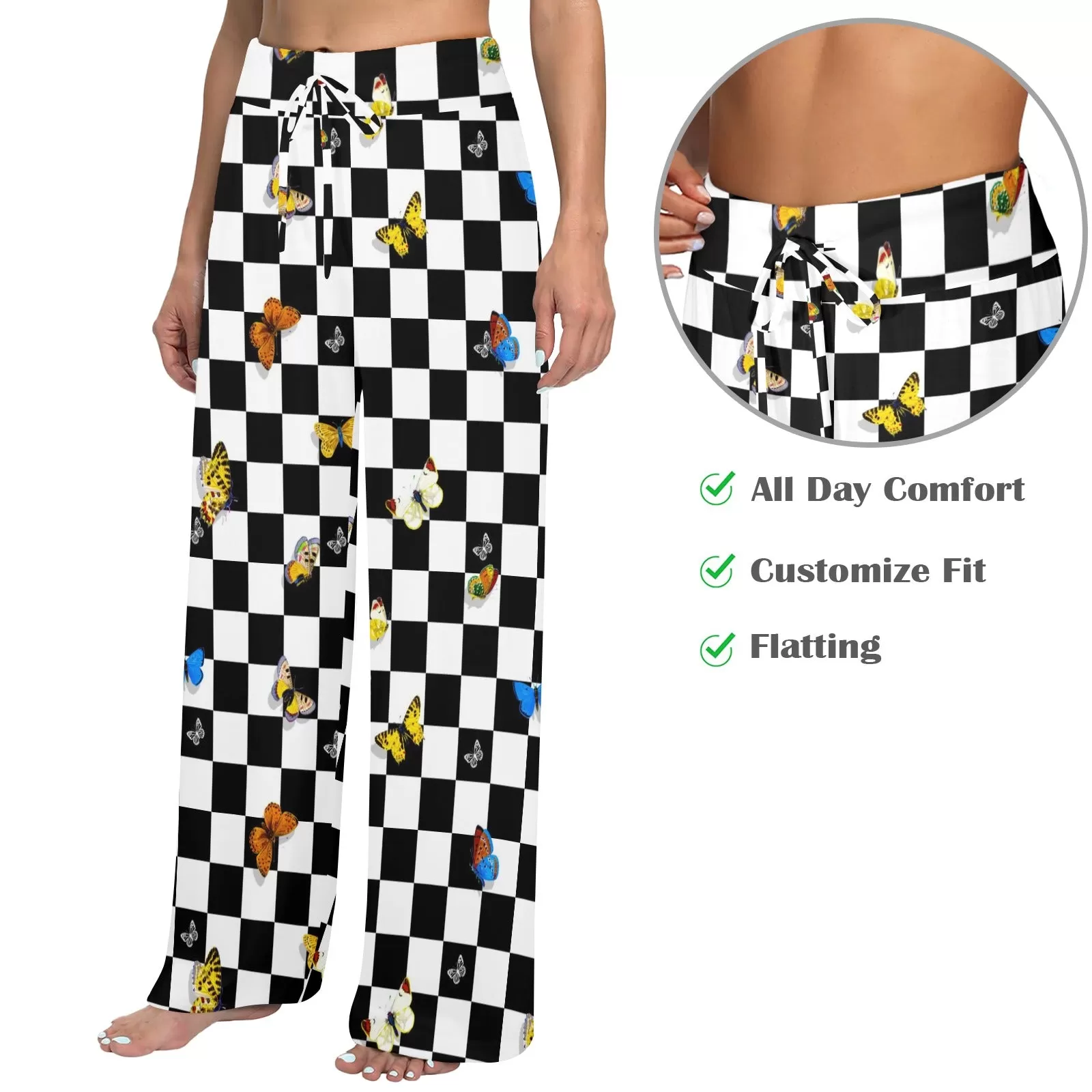 butterfly checker bw print Women's Wide Leg Lounge Pants (Model L77)