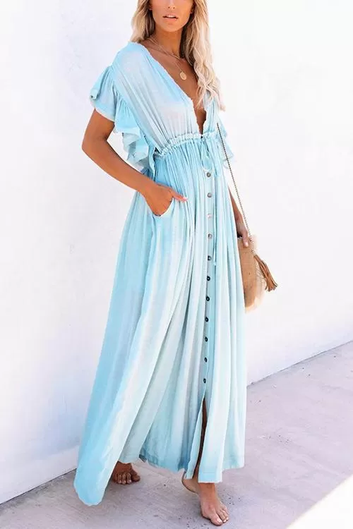 Button Drawstring Waist Bat Maxi Cover Dress