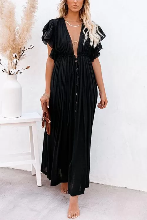 Button Drawstring Waist Bat Maxi Cover Dress