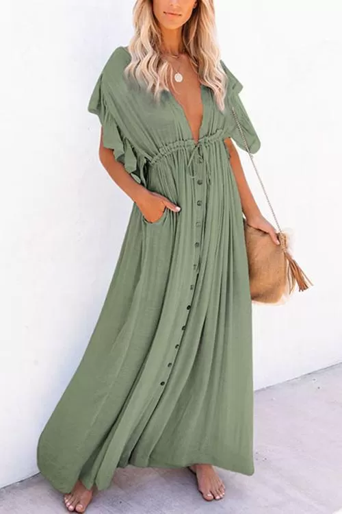 Button Drawstring Waist Bat Maxi Cover Dress