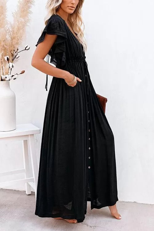 Button Drawstring Waist Bat Maxi Cover Dress