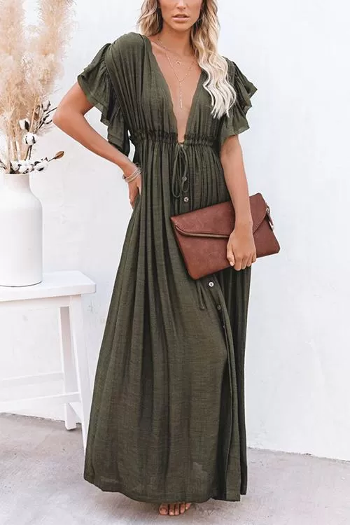 Button Drawstring Waist Bat Maxi Cover Dress