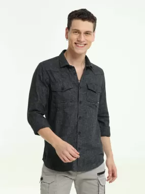 Charcoal grey solid double pocket shirt