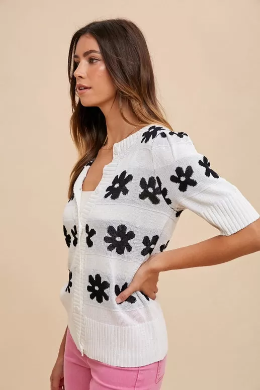 Cheyenne Flower Short Sleeve Sweater Cardigan