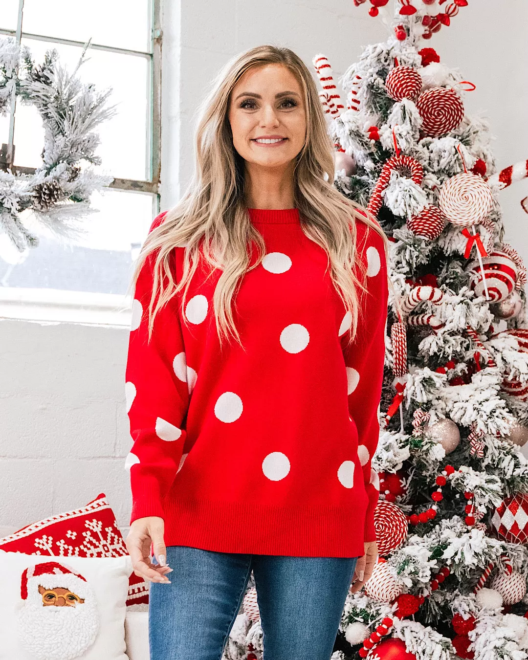 Christmas Cheer Red with White Polka Dot Sweater FINAL SALE