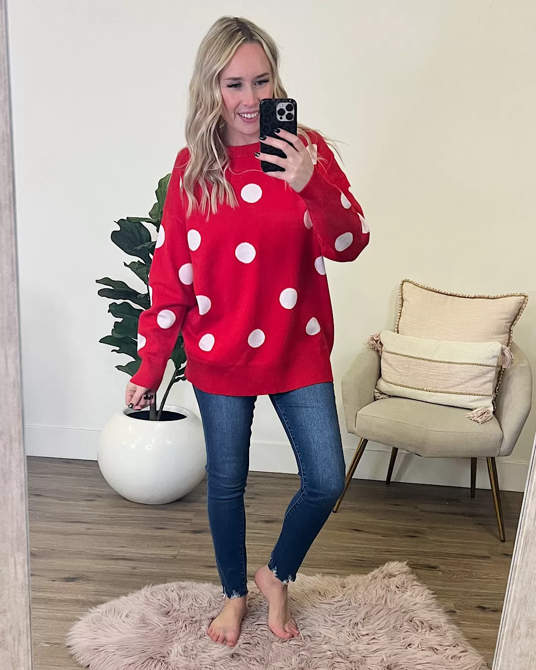 Christmas Cheer Red with White Polka Dot Sweater FINAL SALE