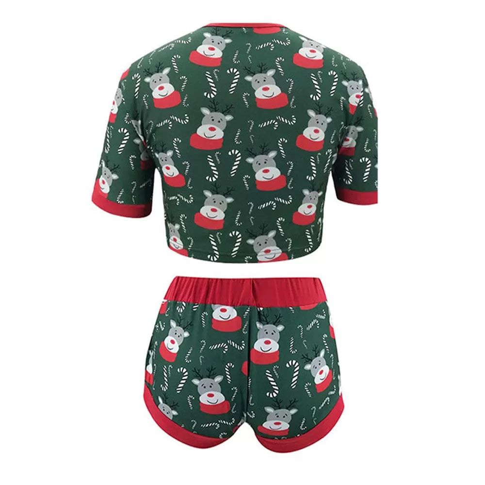 Christmas Print Short Sleeve Bow Design Suits