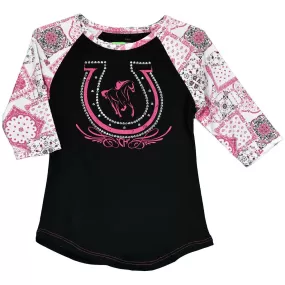 Cowgirl Hardware Girls' Crystal Horseshoe Raglan T-shirt