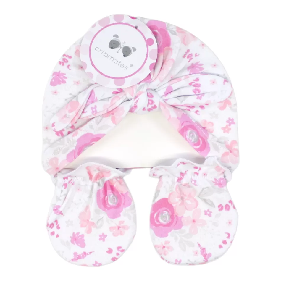 Cribmates 2 Pk Turban Cap And Mittens Set - Pink Floral