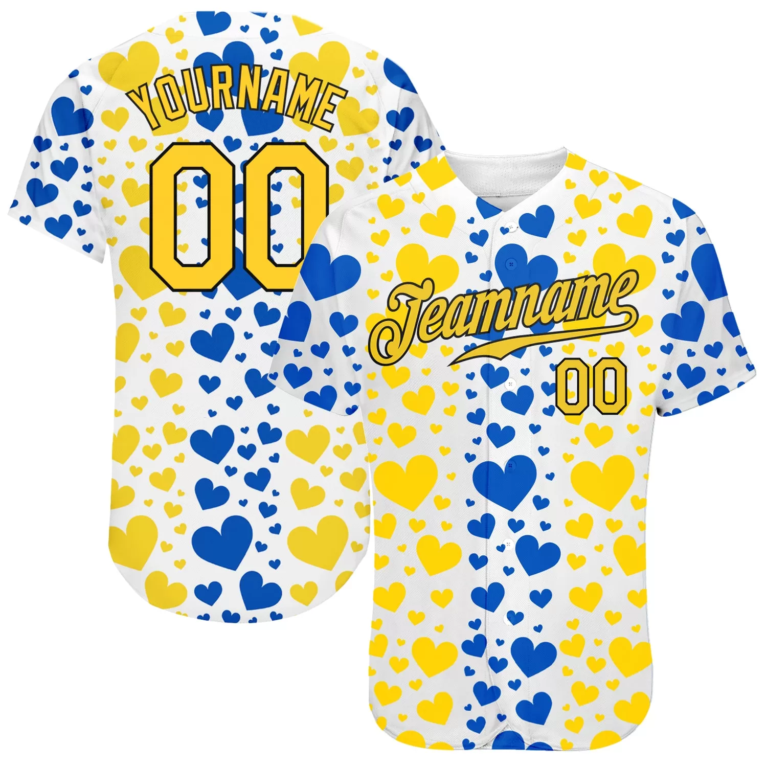 Custom 3D Pattern Design Hearts Painted In The Colors Of The Ukrainian Flag Authentic Baseball Jersey