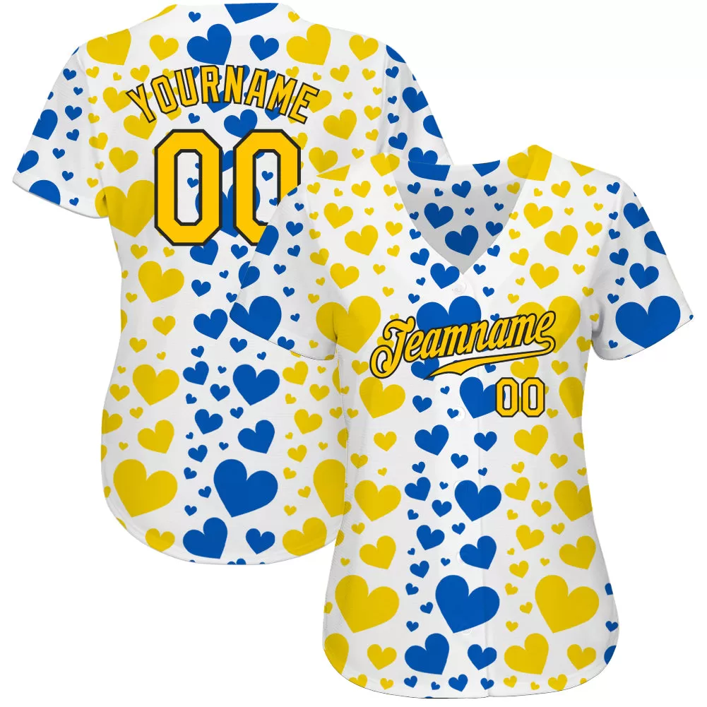 Custom 3D Pattern Design Hearts Painted In The Colors Of The Ukrainian Flag Authentic Baseball Jersey